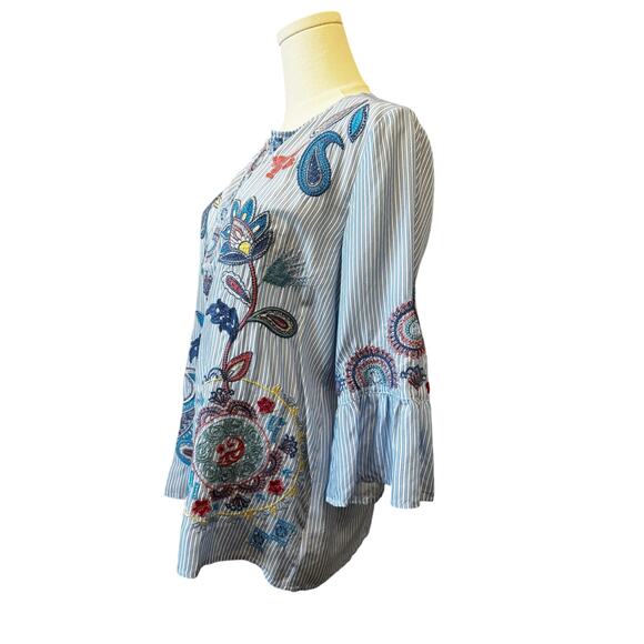 JOHNNY WAS Barine Stripe 100% Silk Nielly Ruffle Sleeve Blouse Size XS Oversize - Picture 6 of 9